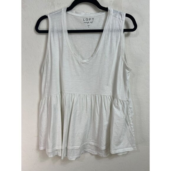 LOFT Large Vintage Soft Babydoll Tee White Ruffle Hem Top Lightweight 100% Cotto - Picture 2 of 6